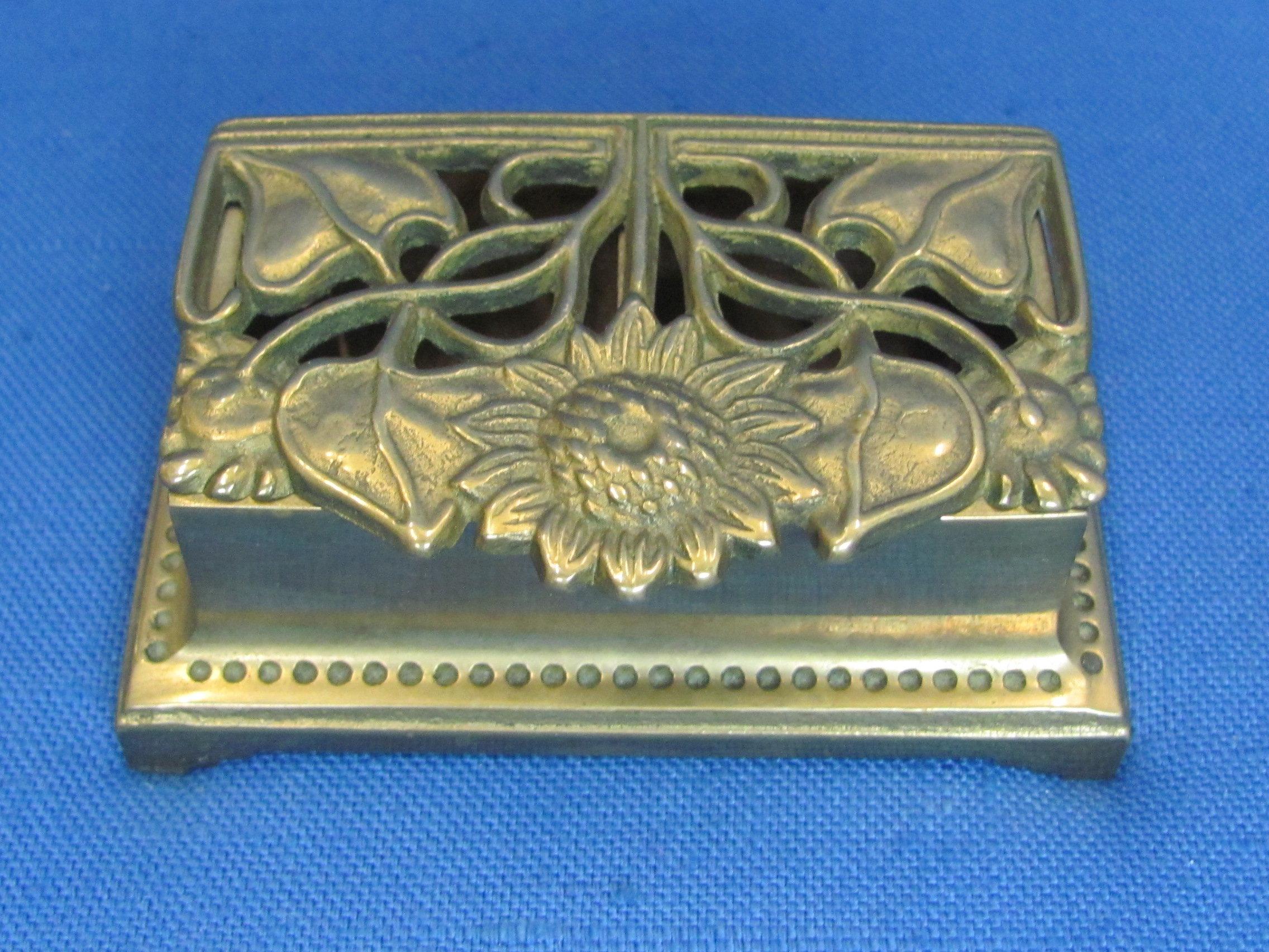 Brass Stamp Container (For rolls) Sunflower Design – About 3 1/2” x 2” - Solid & heavy for size