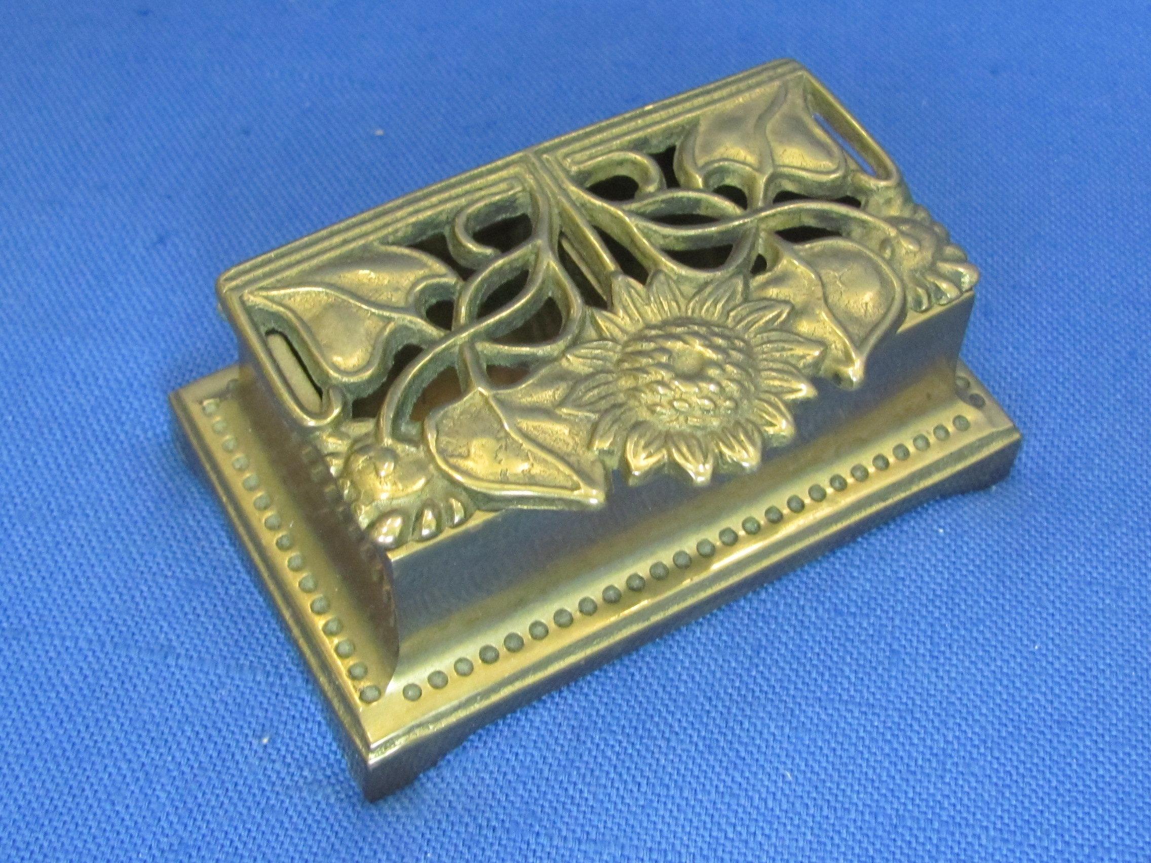 Brass Stamp Container (For rolls) Sunflower Design – About 3 1/2” x 2” - Solid & heavy for size