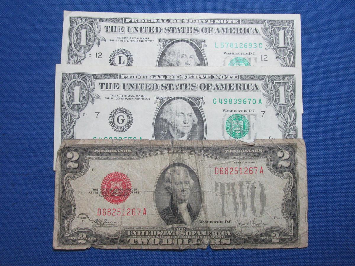 3 US Bills – 1928F Series $2 Note(Red Seal) – 2 1988 Series $1 Notes(Green Seals) – As shown