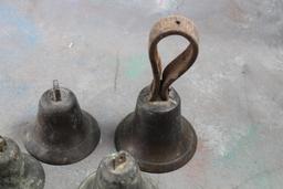 4 Antique Brass Bells - 1 has old leather strap - Bells about 3" tall