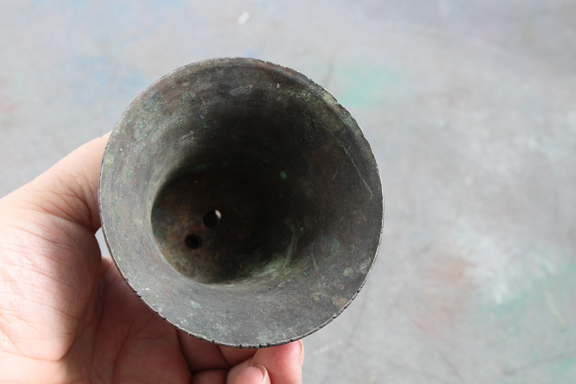 4 Antique Brass Bells - 1 has old leather strap - Bells about 3" tall