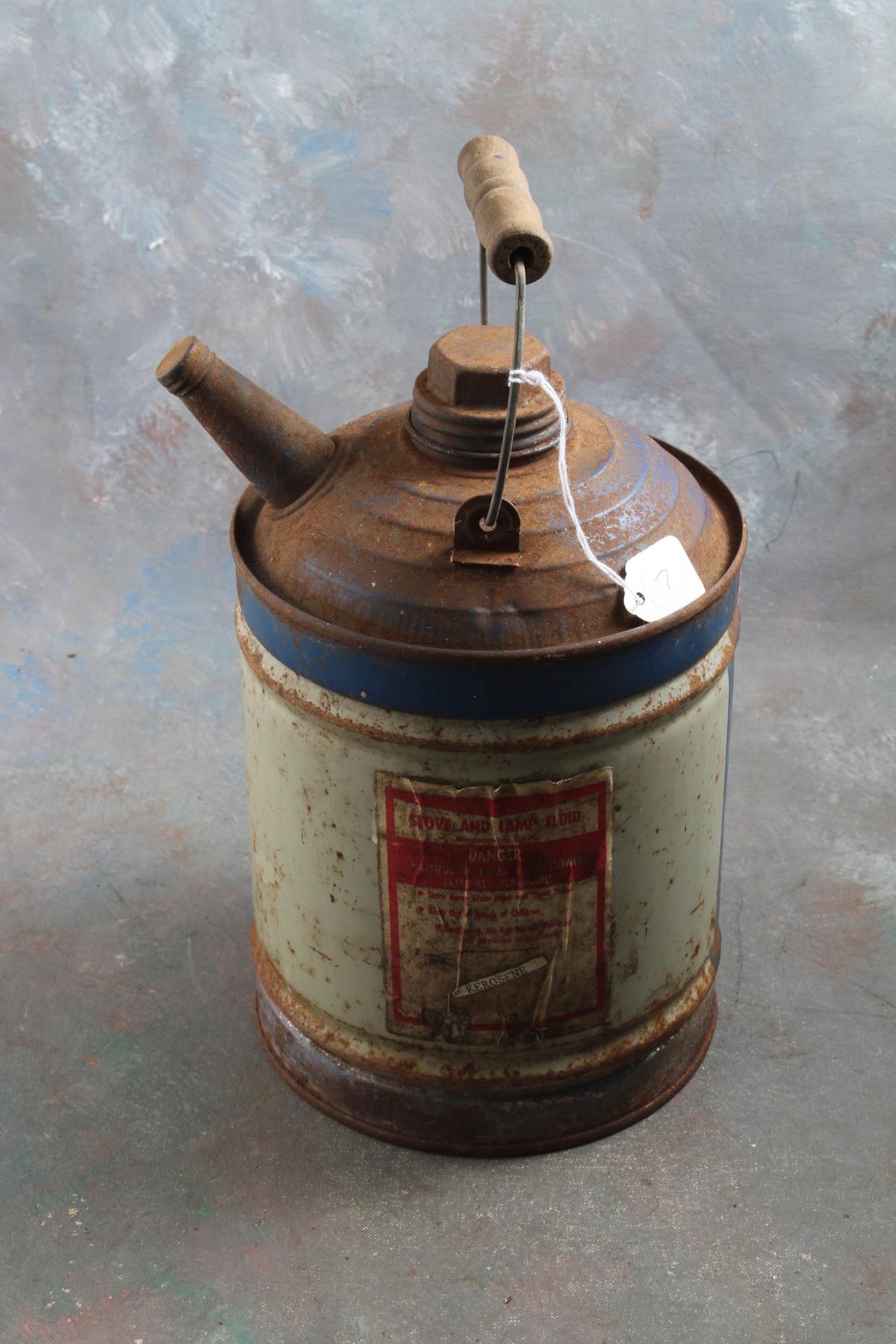 Old Bale Handle Stove & Lamp Fluid Can with Paper Label still attached - 9 1/2" tall