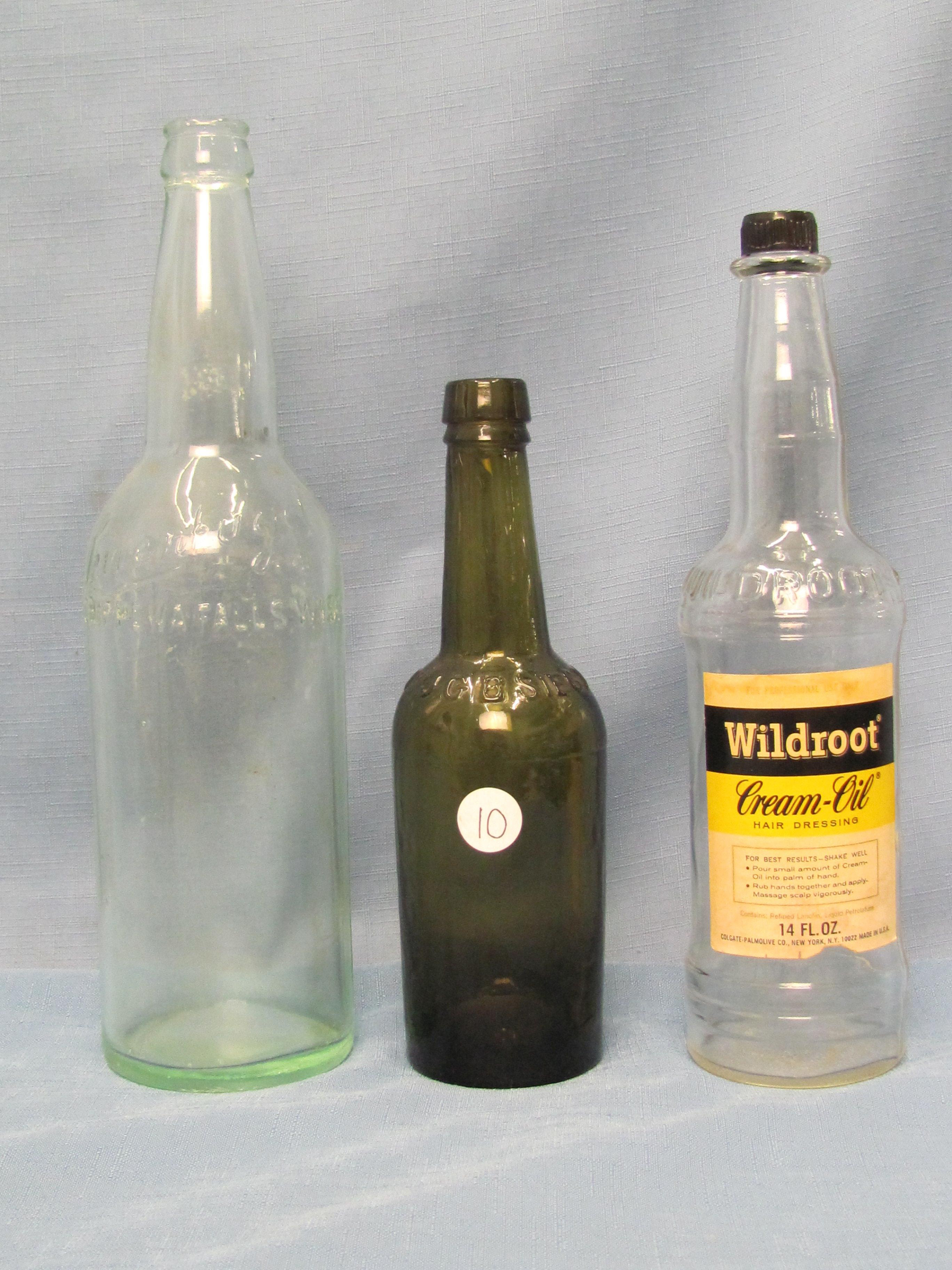 11 ½” tall Leinenkugel Bottle – 10” Wildroot Cream Oil Hair Dressing – 8” tall Dr. JGB Siegert & Hij