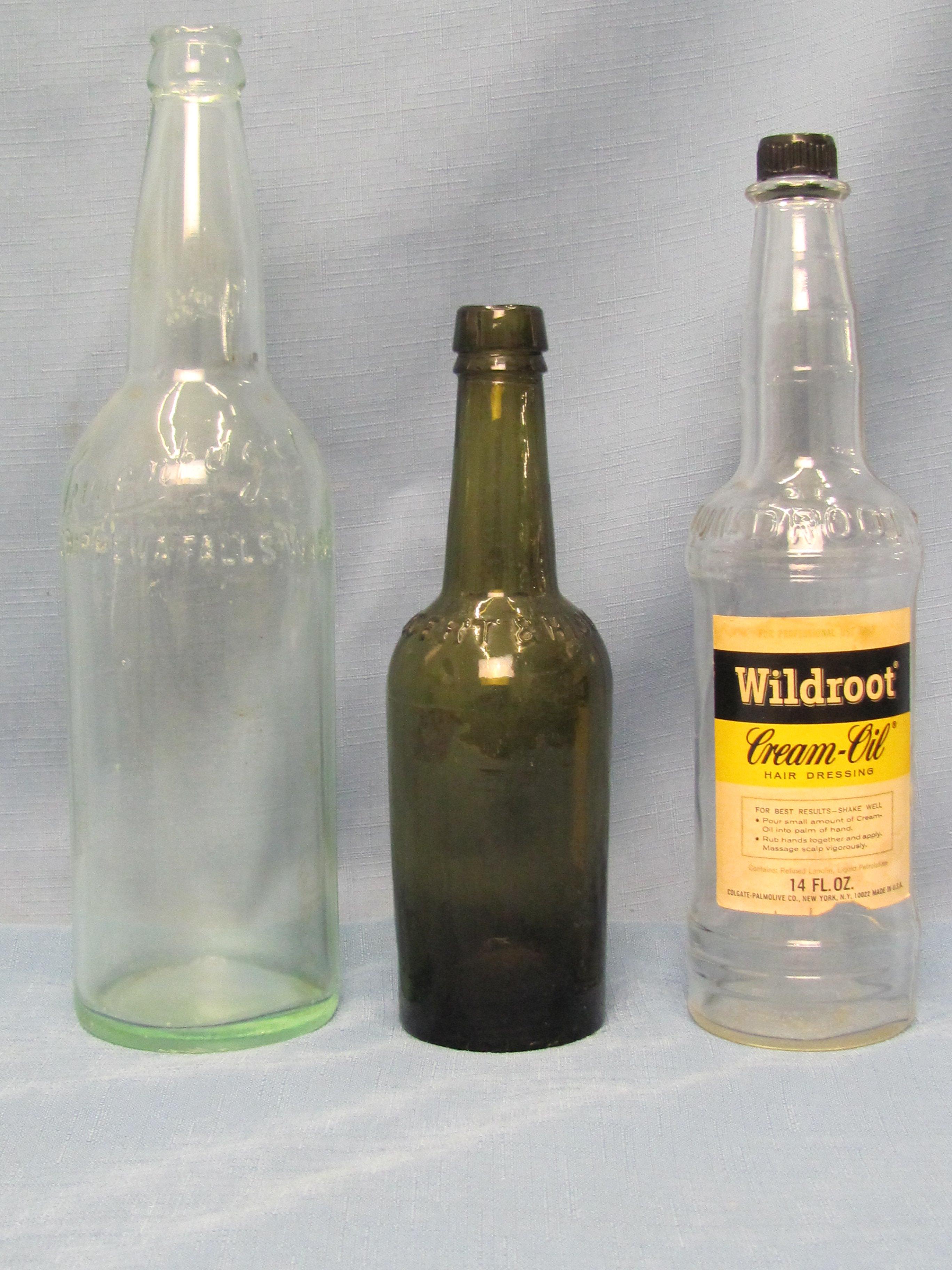 11 ½” tall Leinenkugel Bottle – 10” Wildroot Cream Oil Hair Dressing – 8” tall Dr. JGB Siegert & Hij