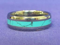 Tungsten Band Ring w Inlaid Faux Turquoise – Size 14.5 – Very good condition