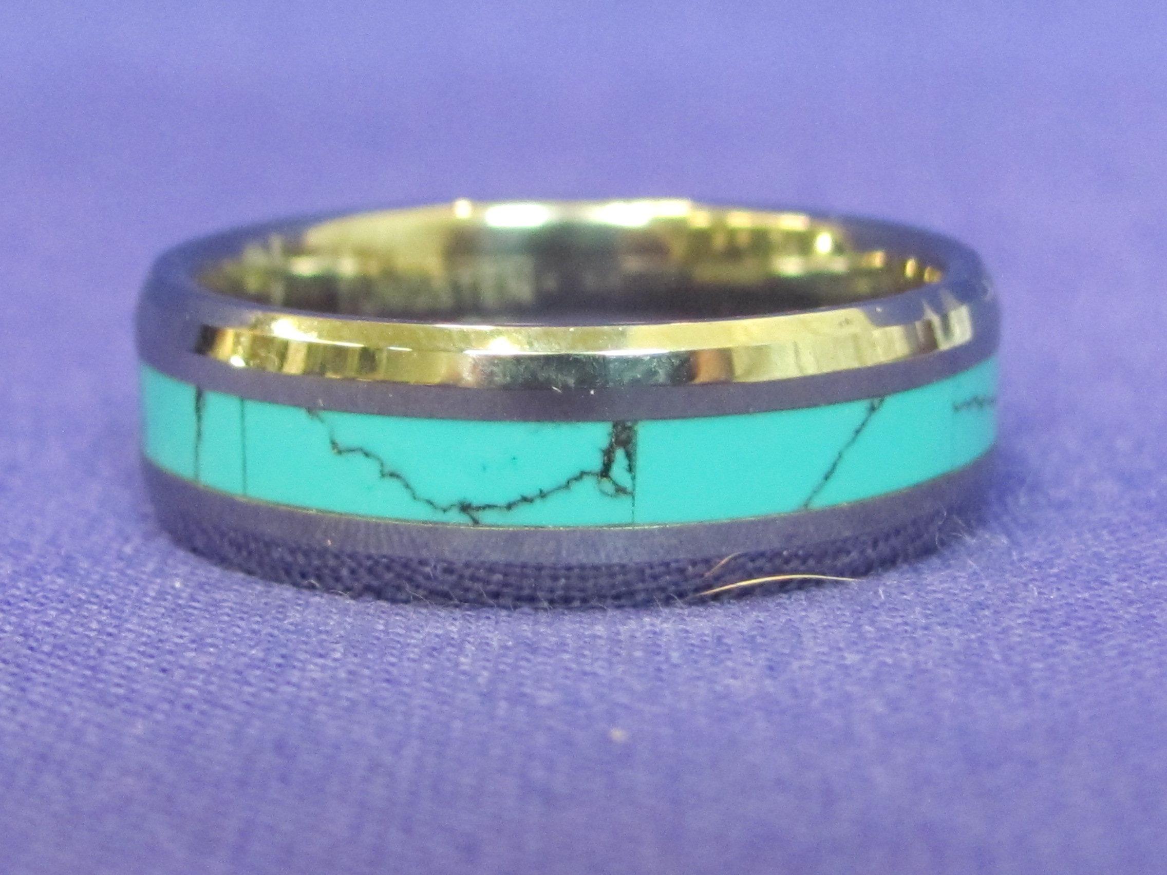 Tungsten Band Ring w Inlaid Faux Turquoise – Size 14.5 – Very good condition