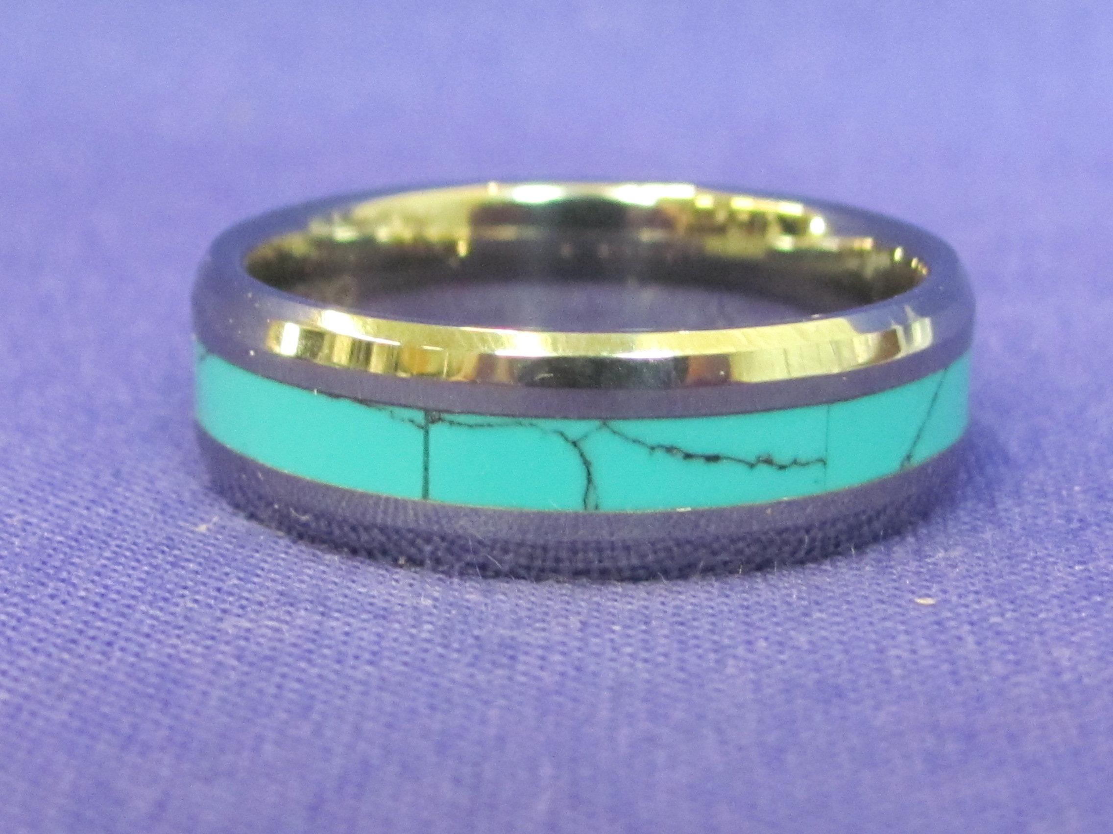 Tungsten Band Ring w Inlaid Faux Turquoise – Size 14.5 – Very good condition