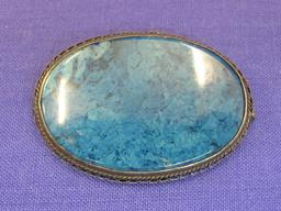 Vintage Pin/Brooch – Blue Stones w Sterling Silver Frame – Made in Germany – 1 7/8” wide