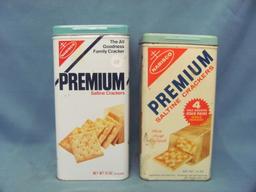 Nabisco Premium Saltine Cracker Tins (2) – 9” & 9 1/2” T – Some Wear/Scratches/Marks/Dents