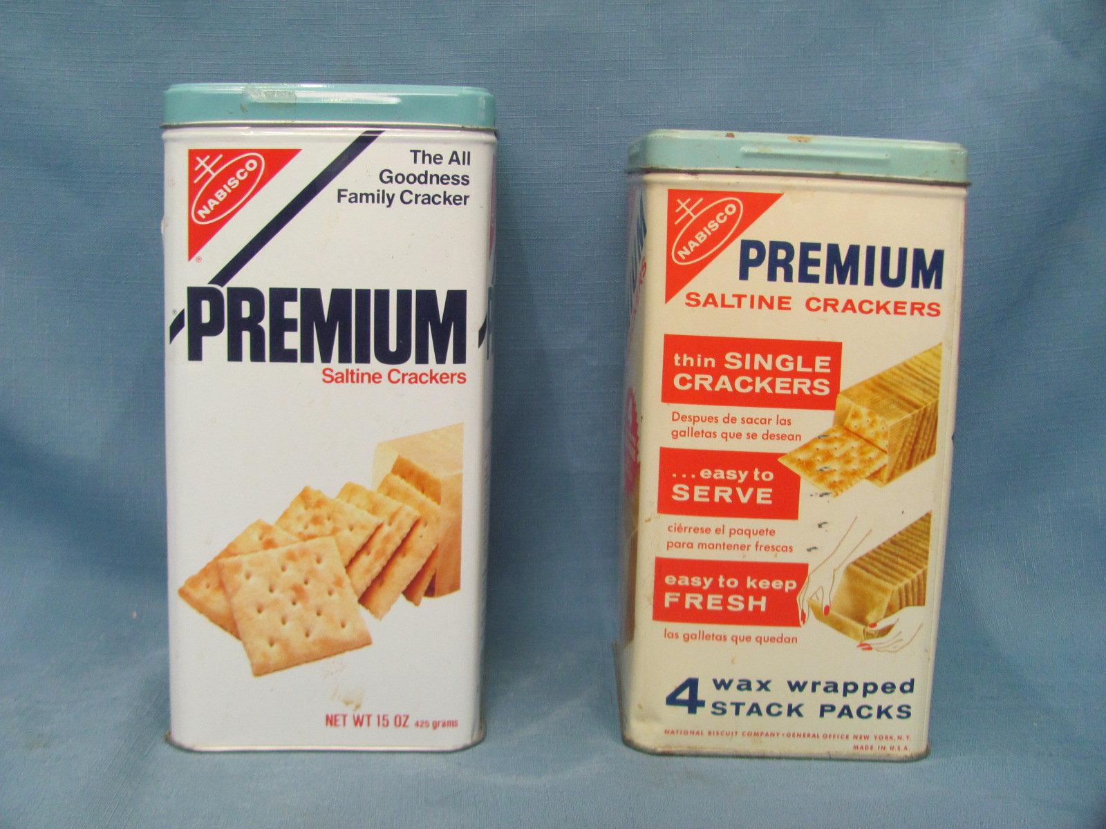 Nabisco Premium Saltine Cracker Tins (2) – 9” & 9 1/2” T – Some Wear/Scratches/Marks/Dents