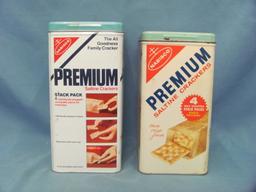 Nabisco Premium Saltine Cracker Tins (2) – 9” & 9 1/2” T – Some Wear/Scratches/Marks/Dents