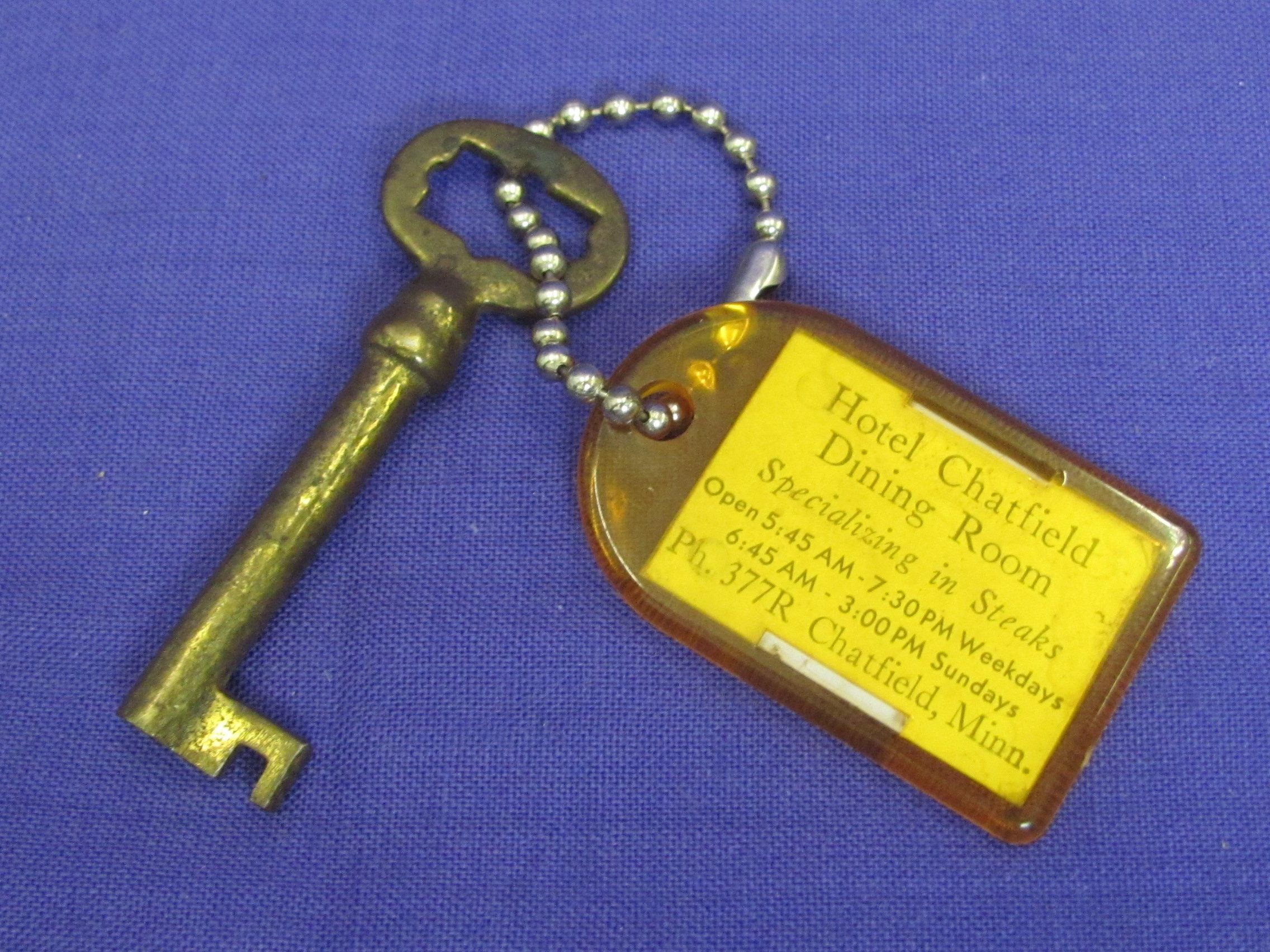 Vintage Flicker Keychain w Skeleton Key “We Aim to Please” - Hotel Chatfield, MN