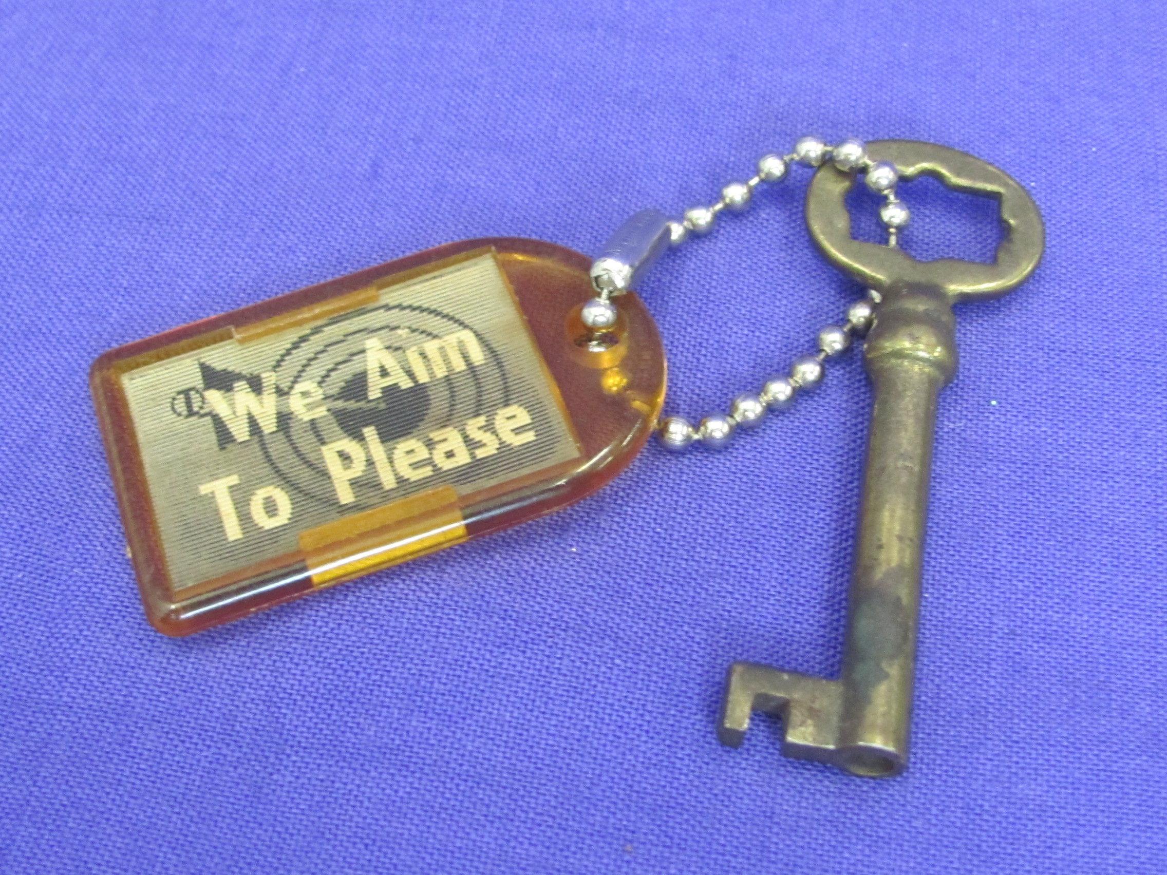 Vintage Flicker Keychain w Skeleton Key “We Aim to Please” - Hotel Chatfield, MN