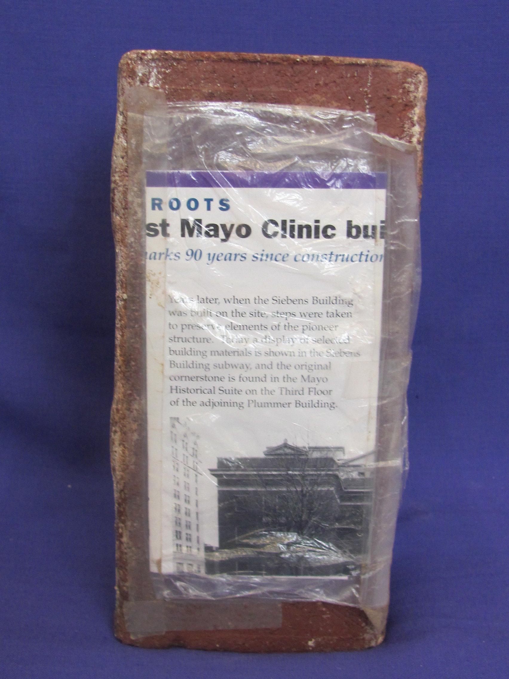 Brick from the Original Mayo Clinic – Opened 1914, Razed 1986 – 8” x 4” - Paper on base