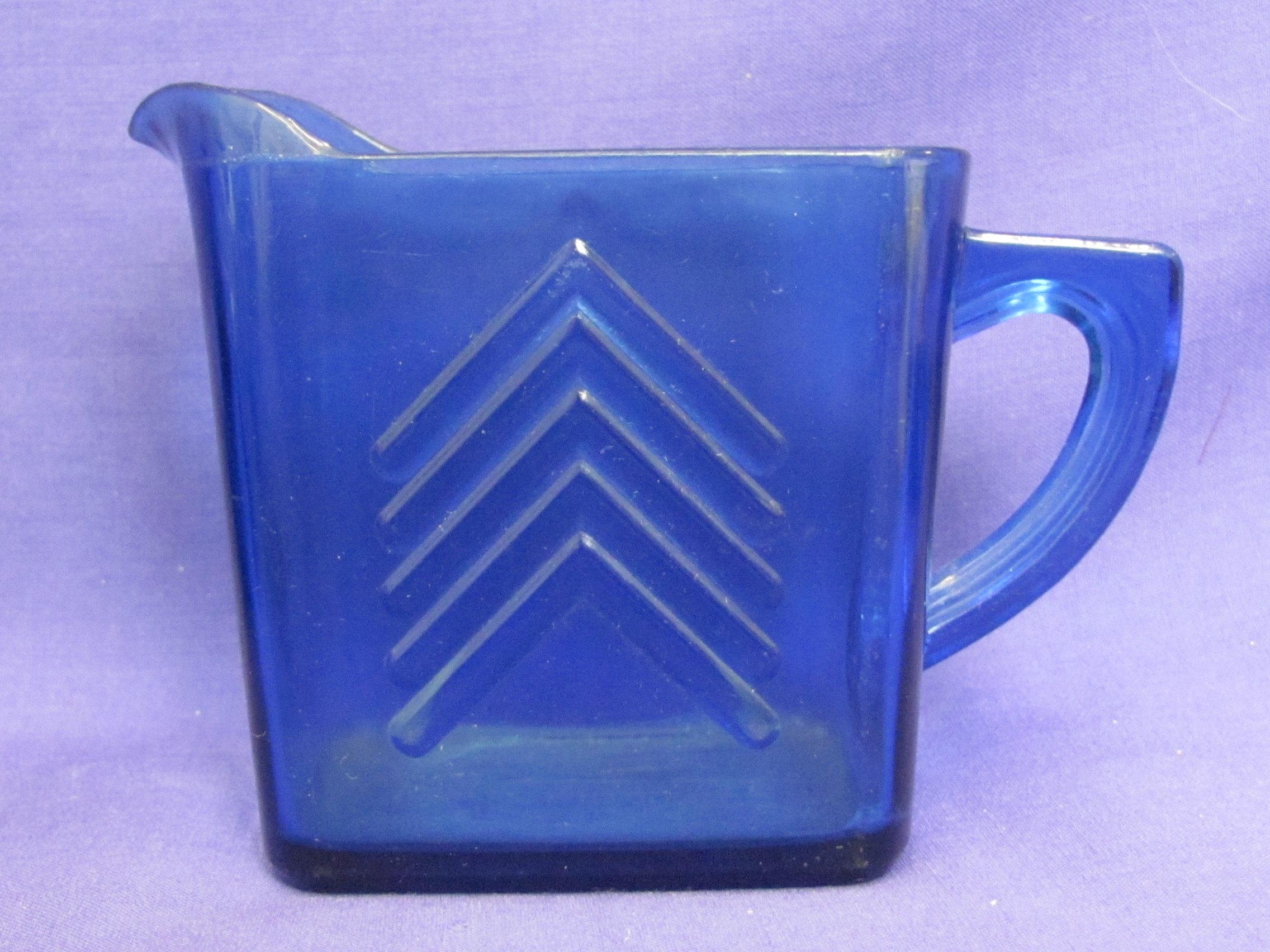 Lot of Cobalt Blue Glass – Hazel-Atlas Chevron Milk Pitcher – Vases – Goblet – Tallest is 6”