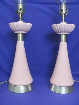 Pair of Retro Mid Century Lamps – Silvertone Metal & Pink Ceramic – 20 1/2” tall to top of socket