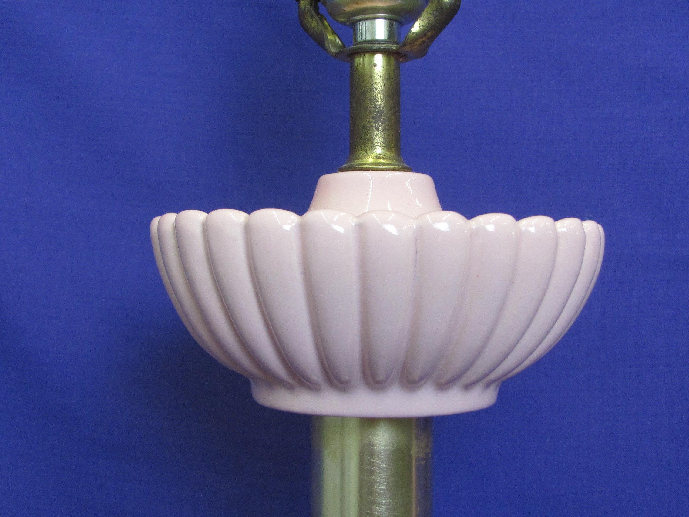 Pair of Retro Mid Century Lamps – Silvertone Metal & Pink Ceramic – 20 1/2” tall to top of socket