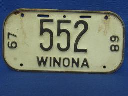 1967-68 Winona, Minnesota Bicycle License Plate  6” L x 3” T