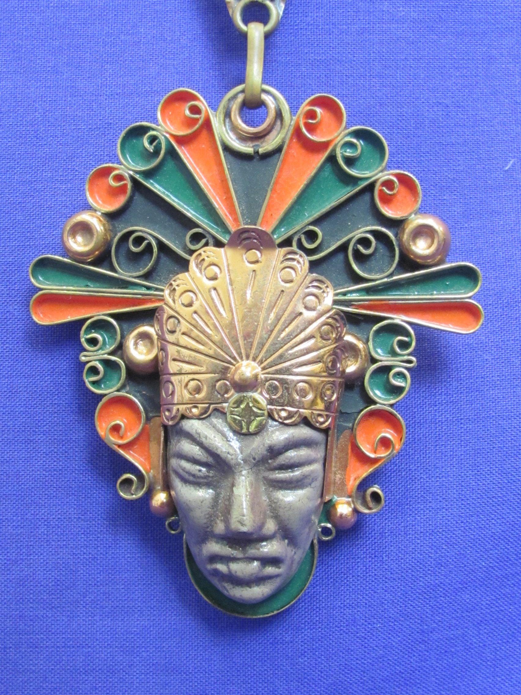 Fantastic Copper & Enamel Necklace – Mayan/Aztec Warrior – Made in Mexico – Marked w Crown