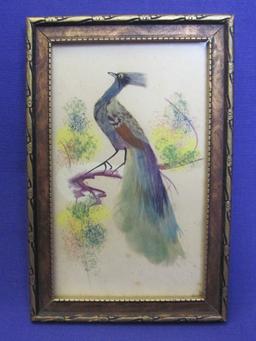 2 Vintage Bird Pictures made w Feathers – Larger measures 12 3/4” x 7”