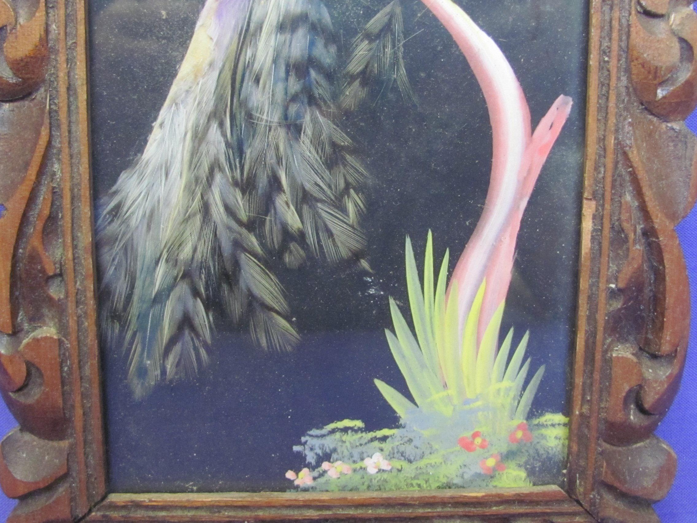2 Vintage Bird Pictures made w Feathers – Larger measures 12 3/4” x 7”