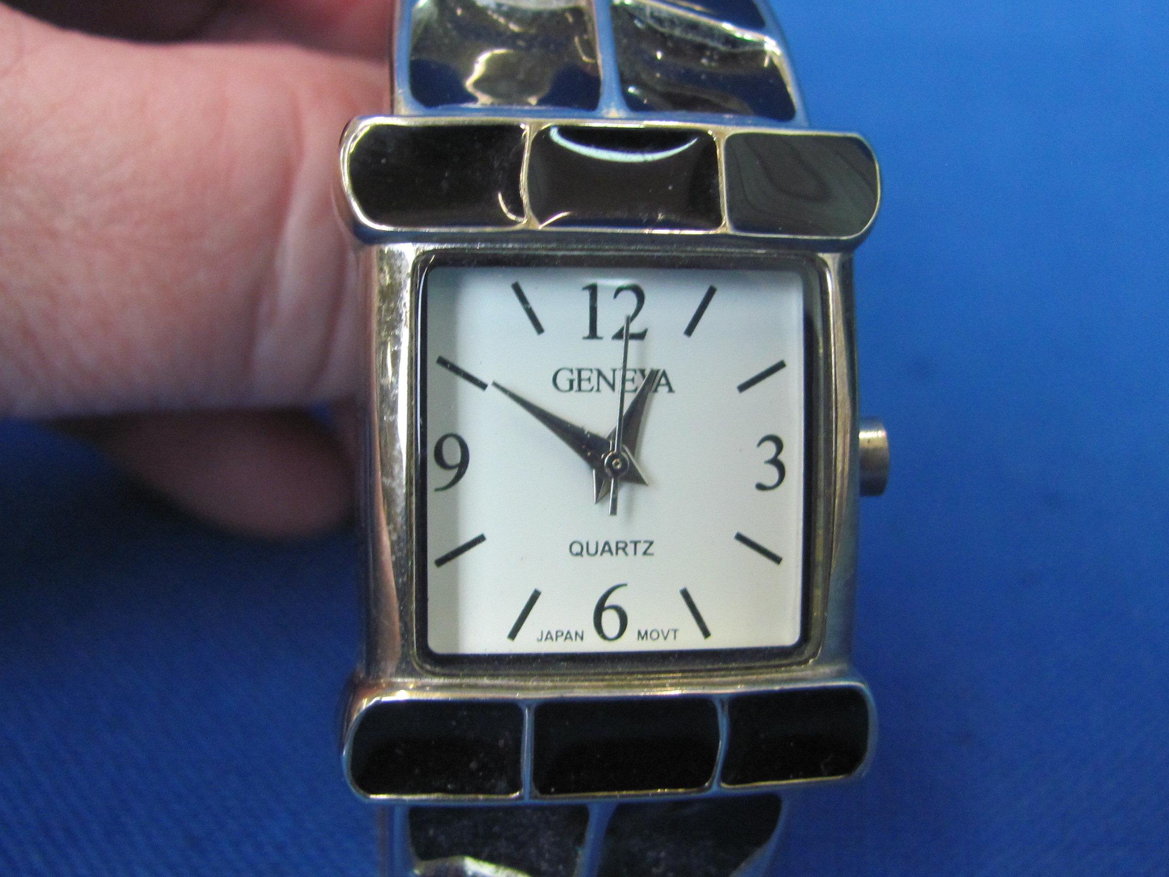 2 Geneva Clamp Bracelet Style Wristwatches – Both running – Silvertone