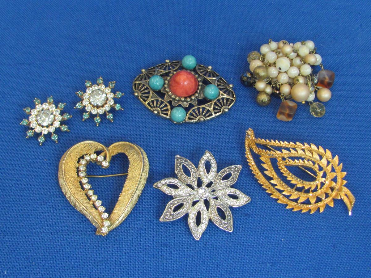 7 Vintage Pins: 2 by BSK – 1 is Beaded – Some Rhinestones – Longest is 2 1/2”