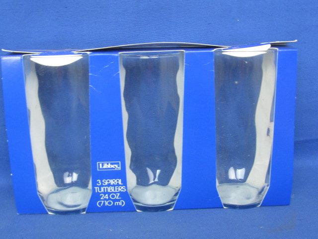 Libbey 3 Spiral Tumblers 24 Oz – NIB – Pale Blue Glass ca.  1980's – apx 7” T each