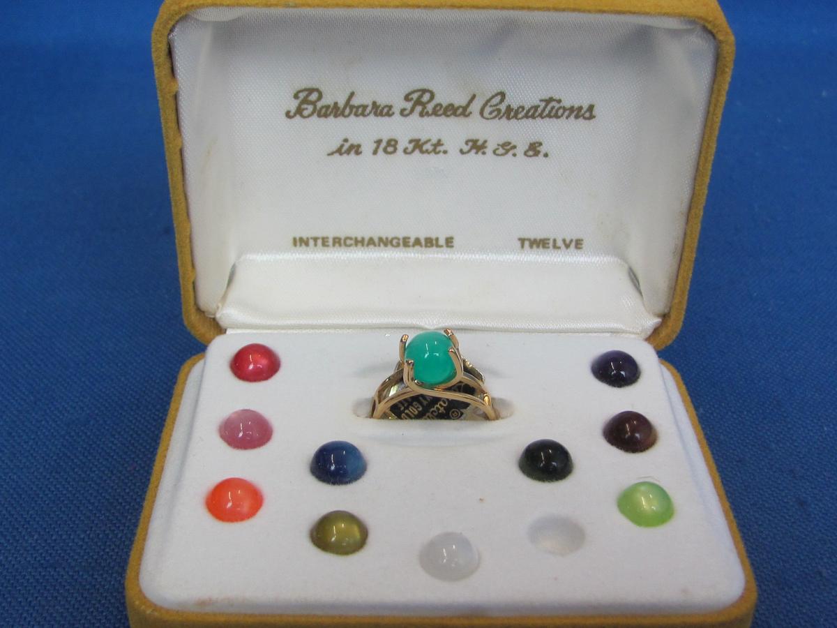 Vintage Barbara Reed Creations Ring w Interchangeable Stones – 18 Kt Gold Filled – Size 7