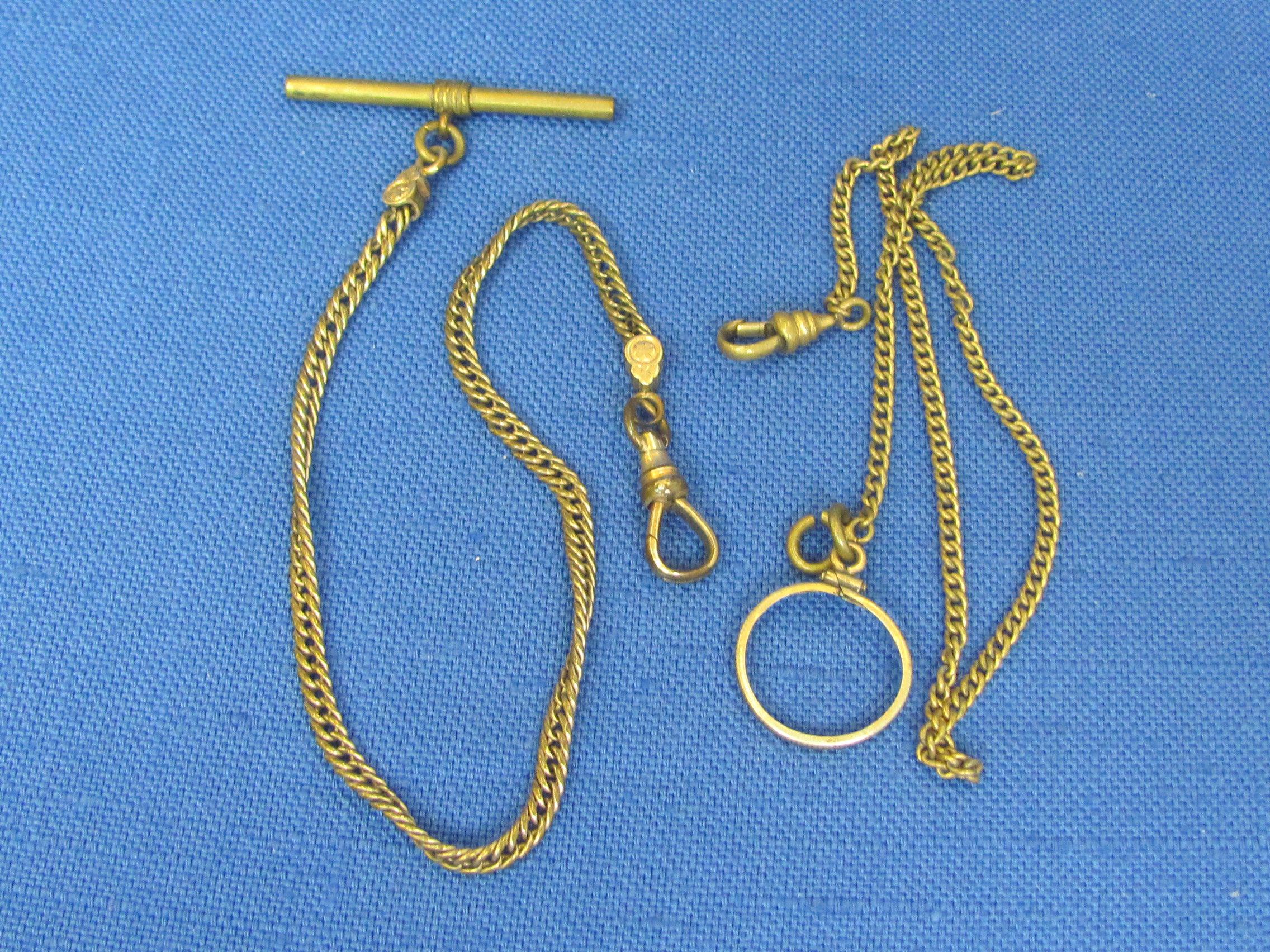 2 Vintage Gold-Plate Watch Chains – 1 marked “Simmons” is 10 1/4” long – Other is damaged