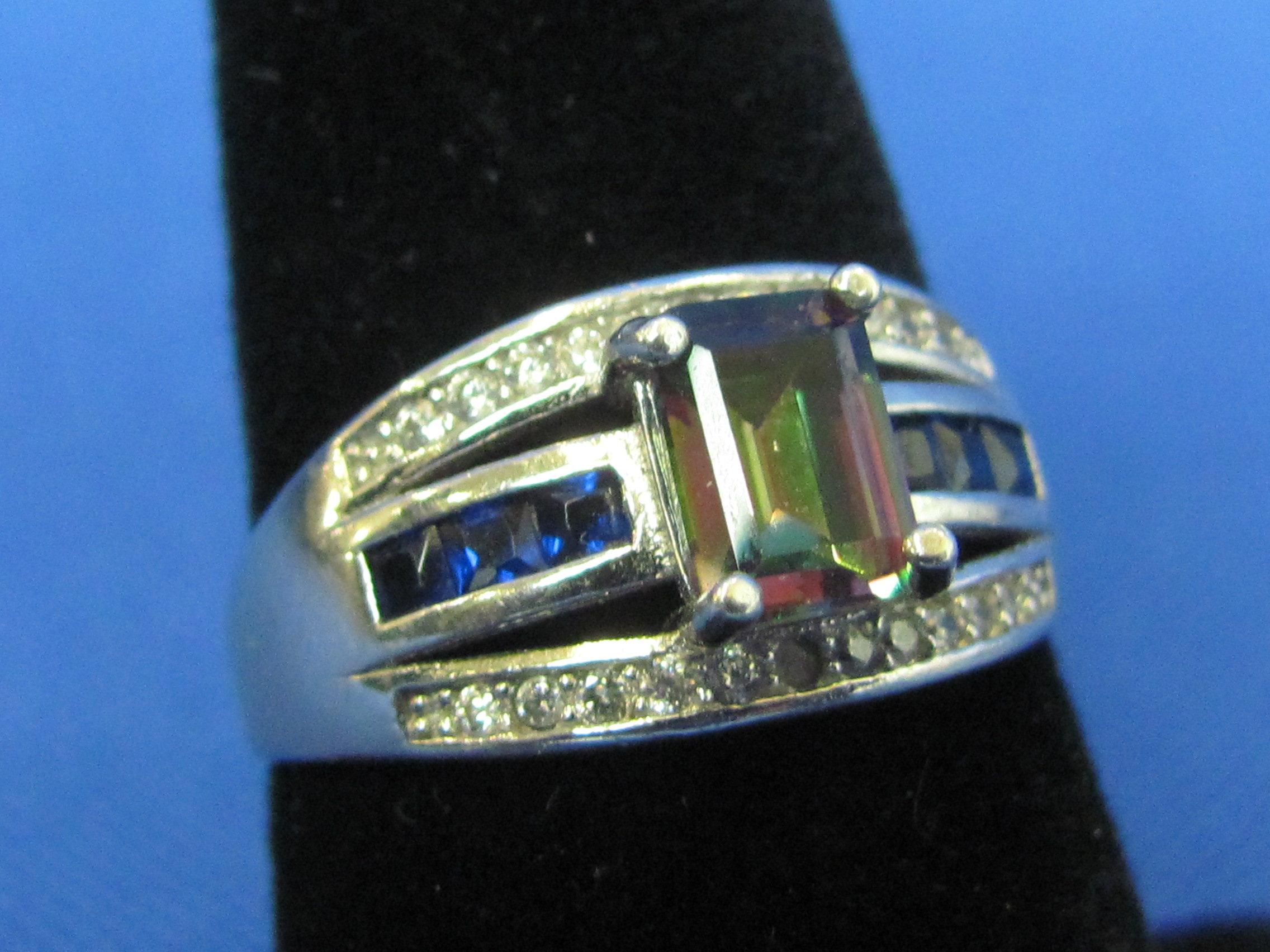 Sterling Silver Ring with Mystic Topaz & Sapphires – Size 7 – Total weight is 2.8 grams