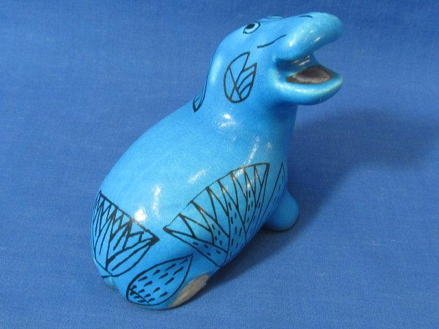 MMA William “Hippo At Bay” Statuette – Turquoise Blue w/ Black Lotus Flower Designs – 4” L x 3” T