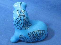 MMA William “Hippo At Bay” Statuette – Turquoise Blue w/ Black Lotus Flower Designs – 4” L x 3” T