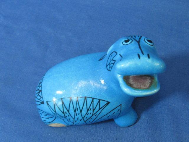 MMA William “Hippo At Bay” Statuette – Turquoise Blue w/ Black Lotus Flower Designs – 4” L x 3” T