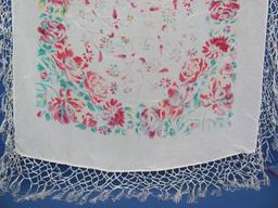 Vintage Fringed Table or Piano Scarf – Deep Pink & Blue Floral Design – 29” Square wo fringe