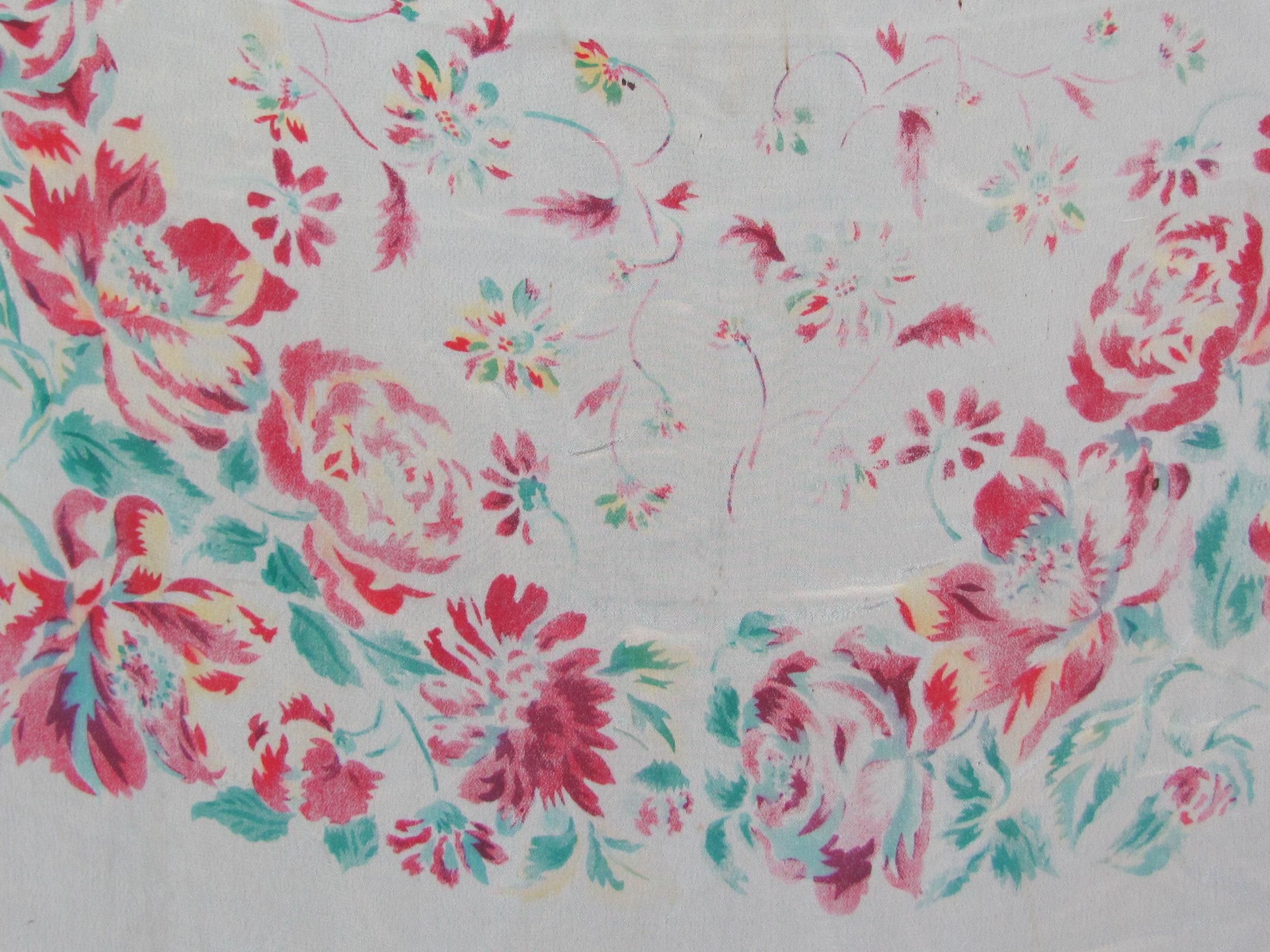 Vintage Fringed Table or Piano Scarf – Deep Pink & Blue Floral Design – 29” Square wo fringe