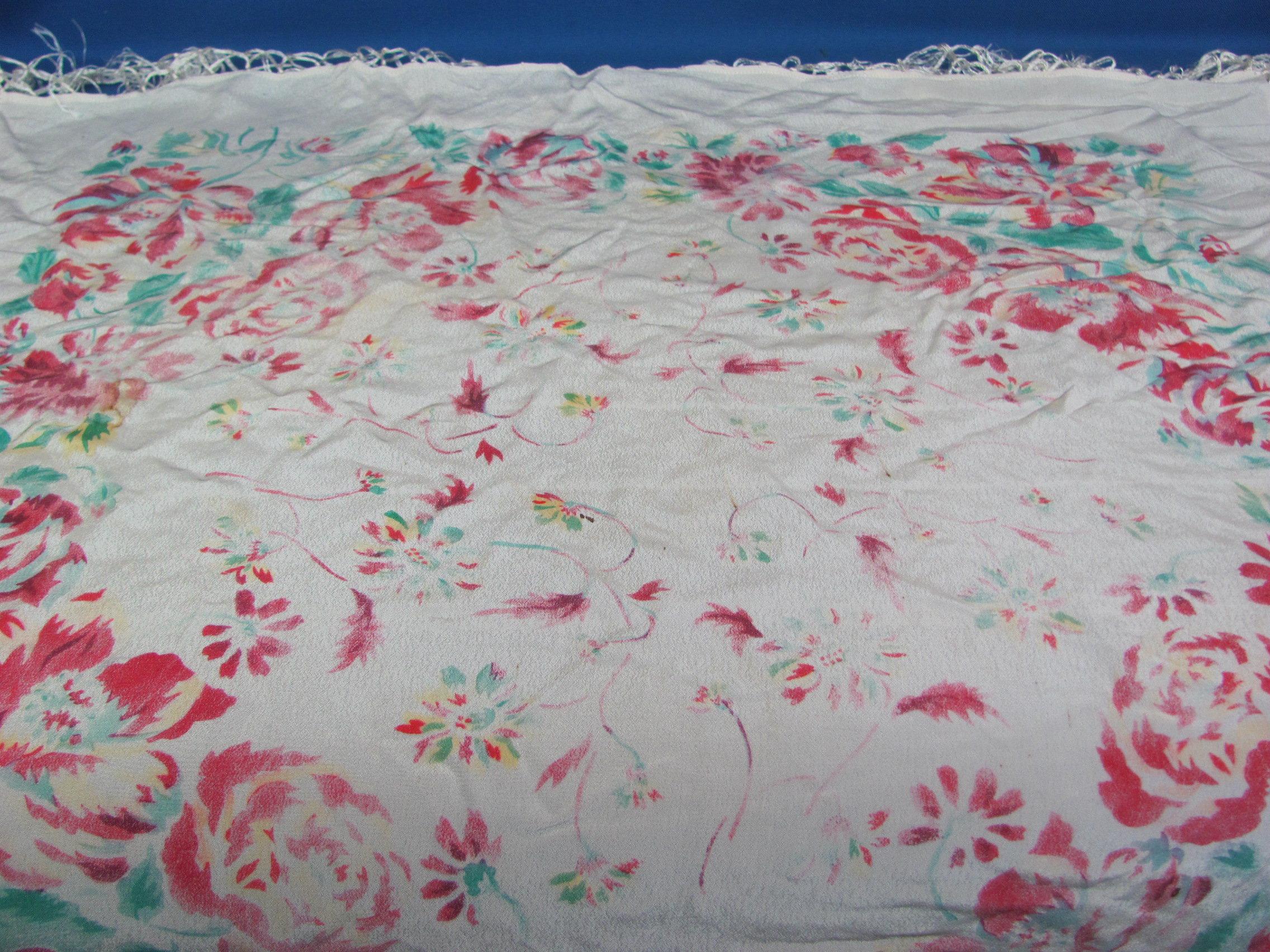 Vintage Fringed Table or Piano Scarf – Deep Pink & Blue Floral Design – 29” Square wo fringe