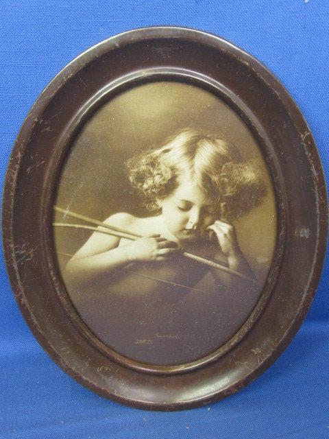 3 Vintage Oval Pictures w/ Metal Frames: Cupid Asleep 10x8”, Cupid Awake 9” x 6 3/4”& 4 1/2” T x 3 1