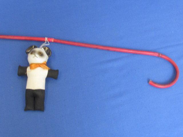 Vintage “Pistachio Shell Red” 35” L  Carnival Cane w/ 5” Tall Stuffed Panda Prize, Celluloid Head &