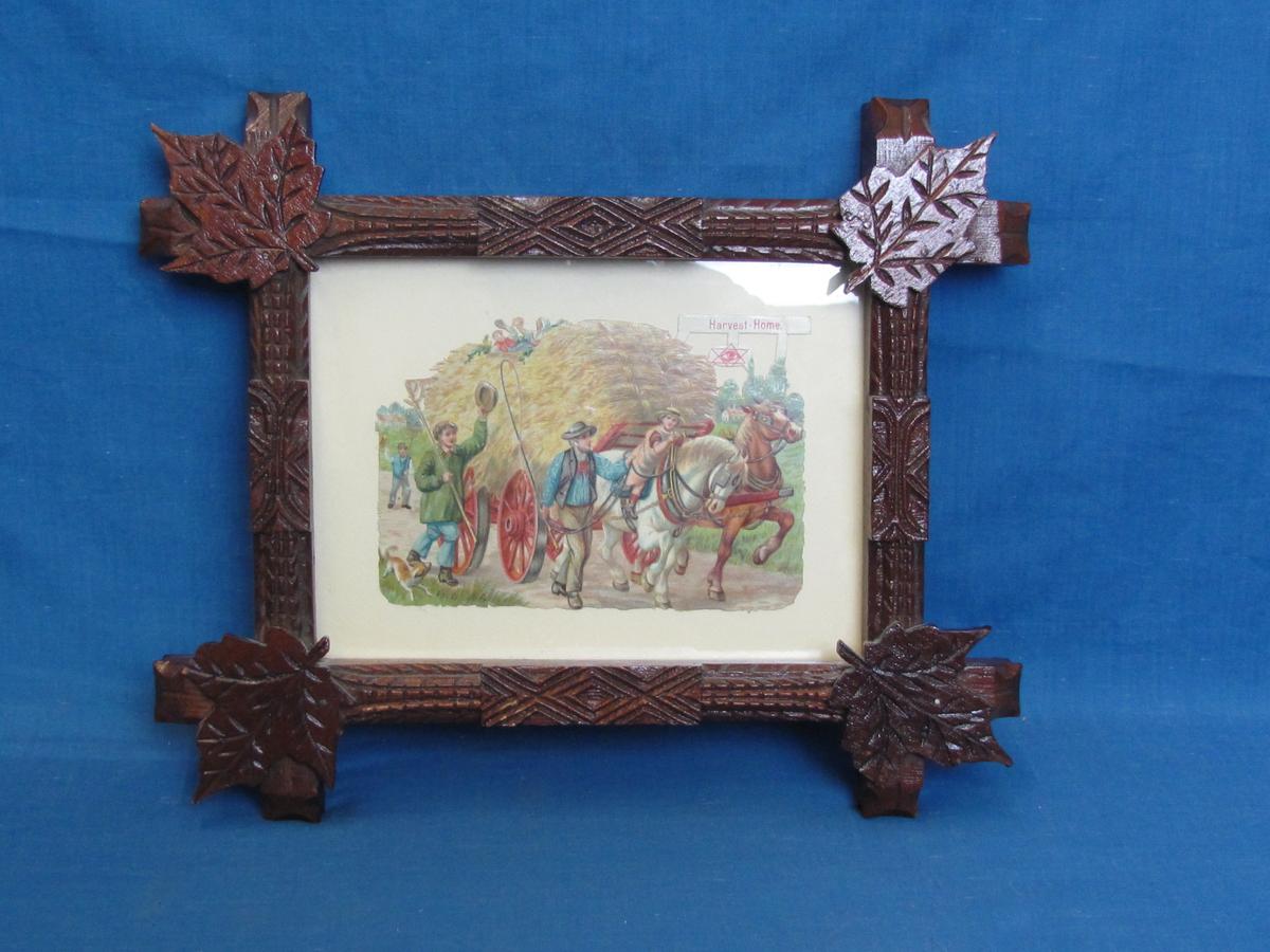 Unique, Beautiful Wood Frame with Maple Leaves & Print of Horses Hauling Hay-wagon -