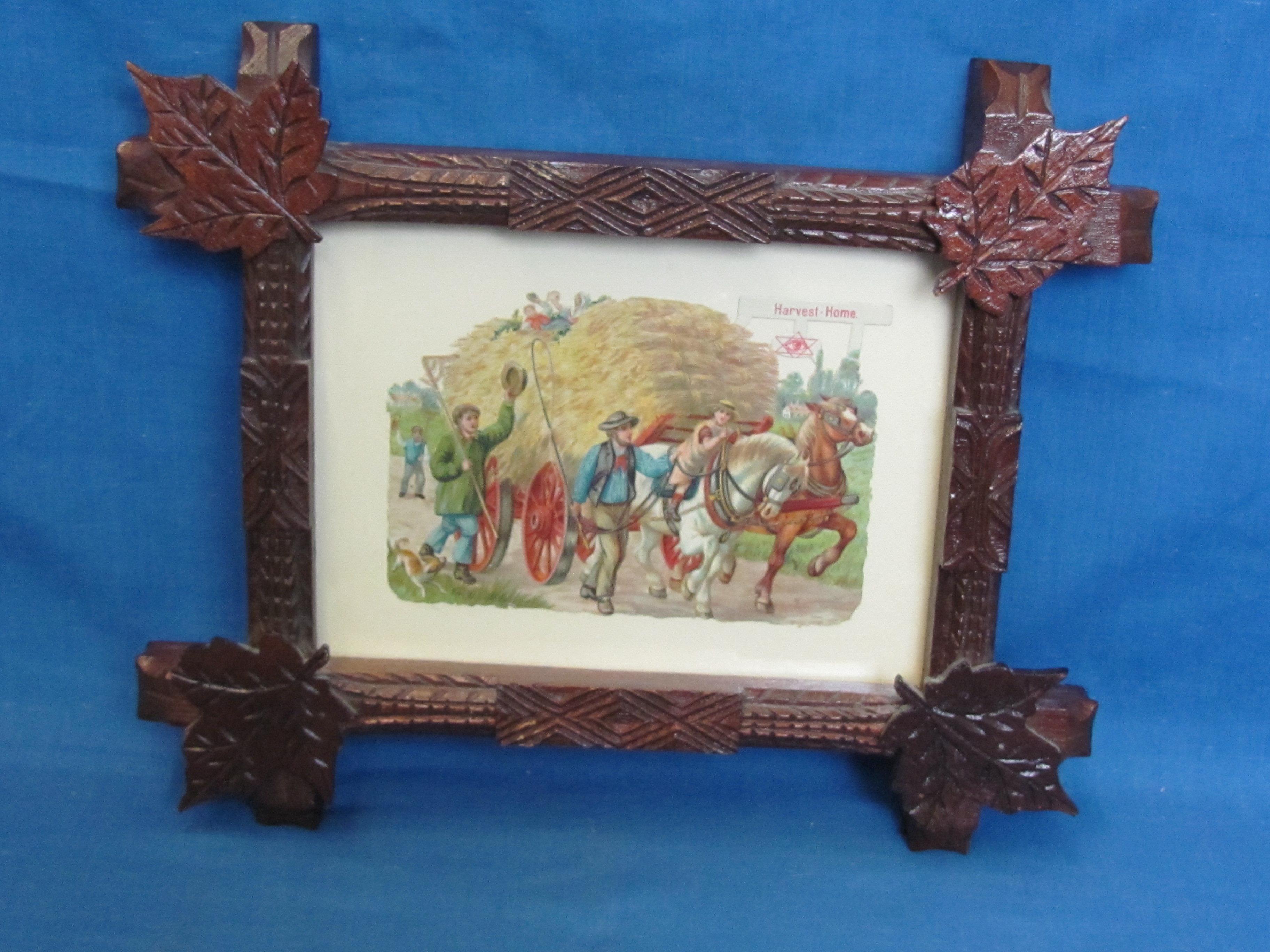 Unique, Beautiful Wood Frame with Maple Leaves & Print of Horses Hauling Hay-wagon -