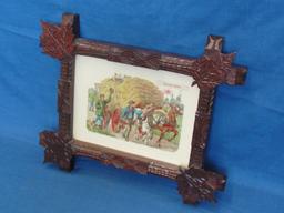 Unique, Beautiful Wood Frame with Maple Leaves & Print of Horses Hauling Hay-wagon -