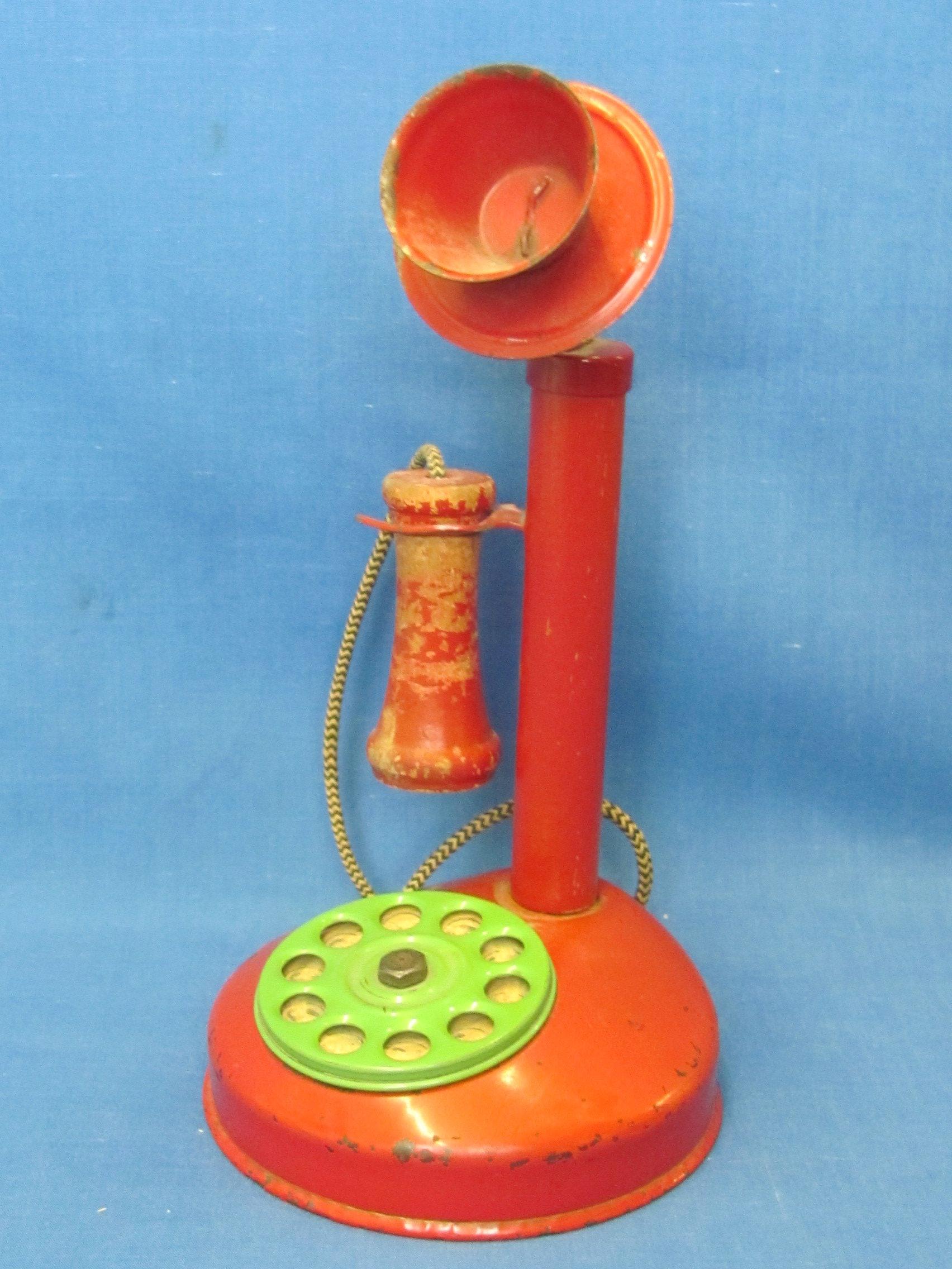 Red Tin Toy Telephone – Rotary Dial in Green – 8 1/4” tall – Wood Receiver