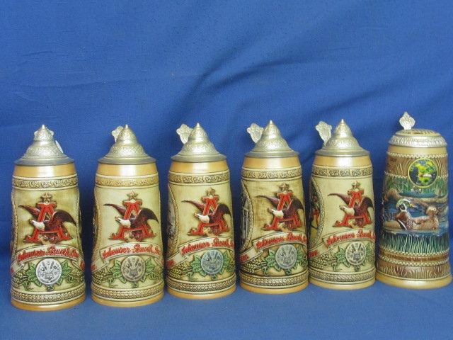 6 Unique Beer Steins: 5 Budweiser with 2 Scenes Each & Ducks Unlimited 1987 Wood Duck 1st Edition