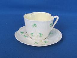 Belleek Co Fermanagh Ireland China – Cup & Saucer Set – Harp & Shamrock Pattern -