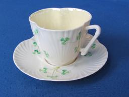 Belleek Co Fermanagh Ireland China – Cup & Saucer Set – Harp & Shamrock Pattern -