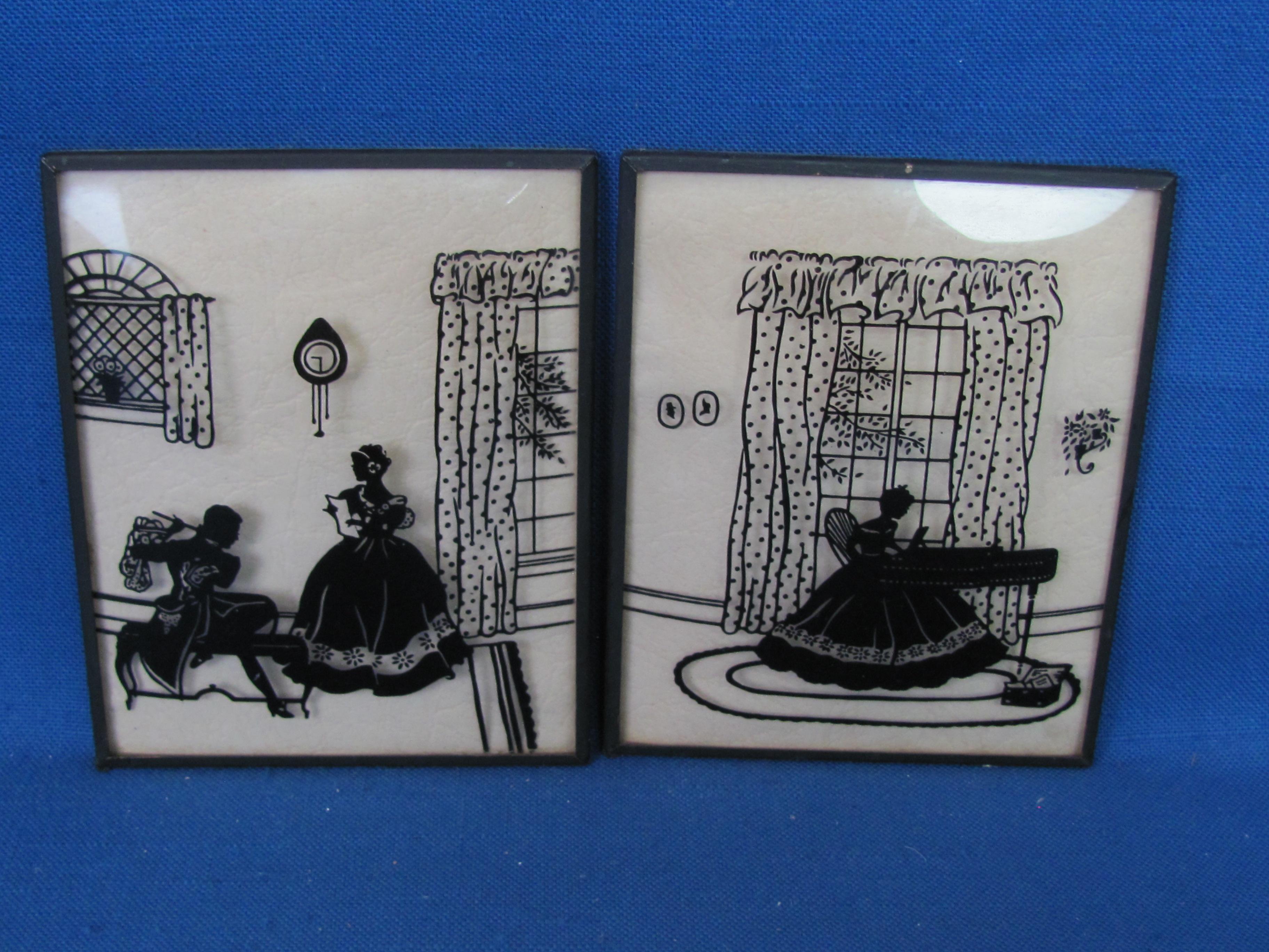 2 Matching 4”x 5” Silhouettes of Lady Pianist & Gentleman with Flute on Plain Background -