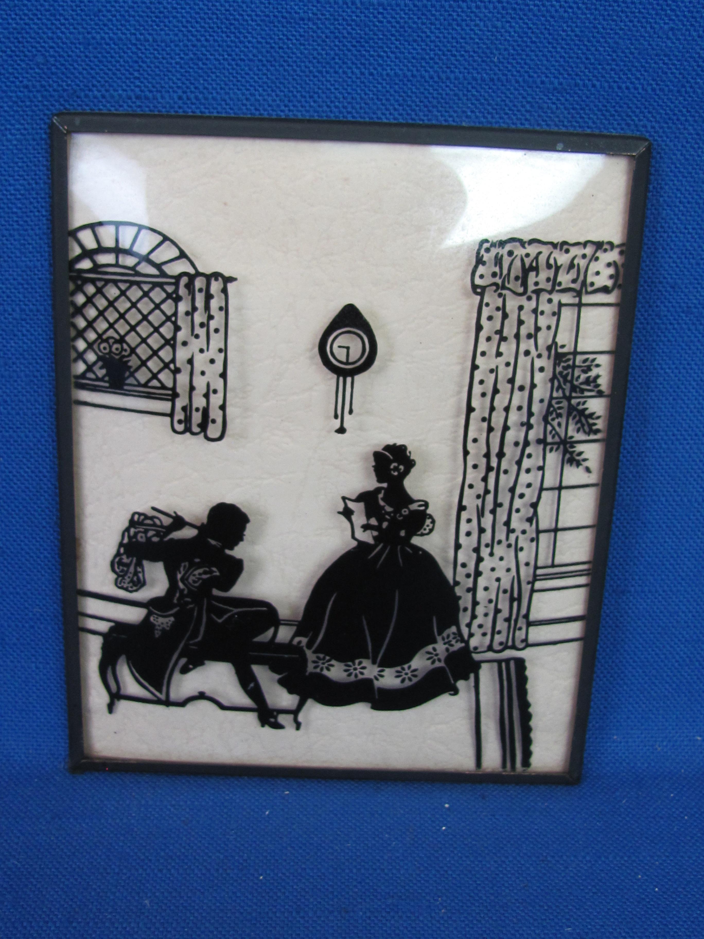 2 Matching 4”x 5” Silhouettes of Lady Pianist & Gentleman with Flute on Plain Background -