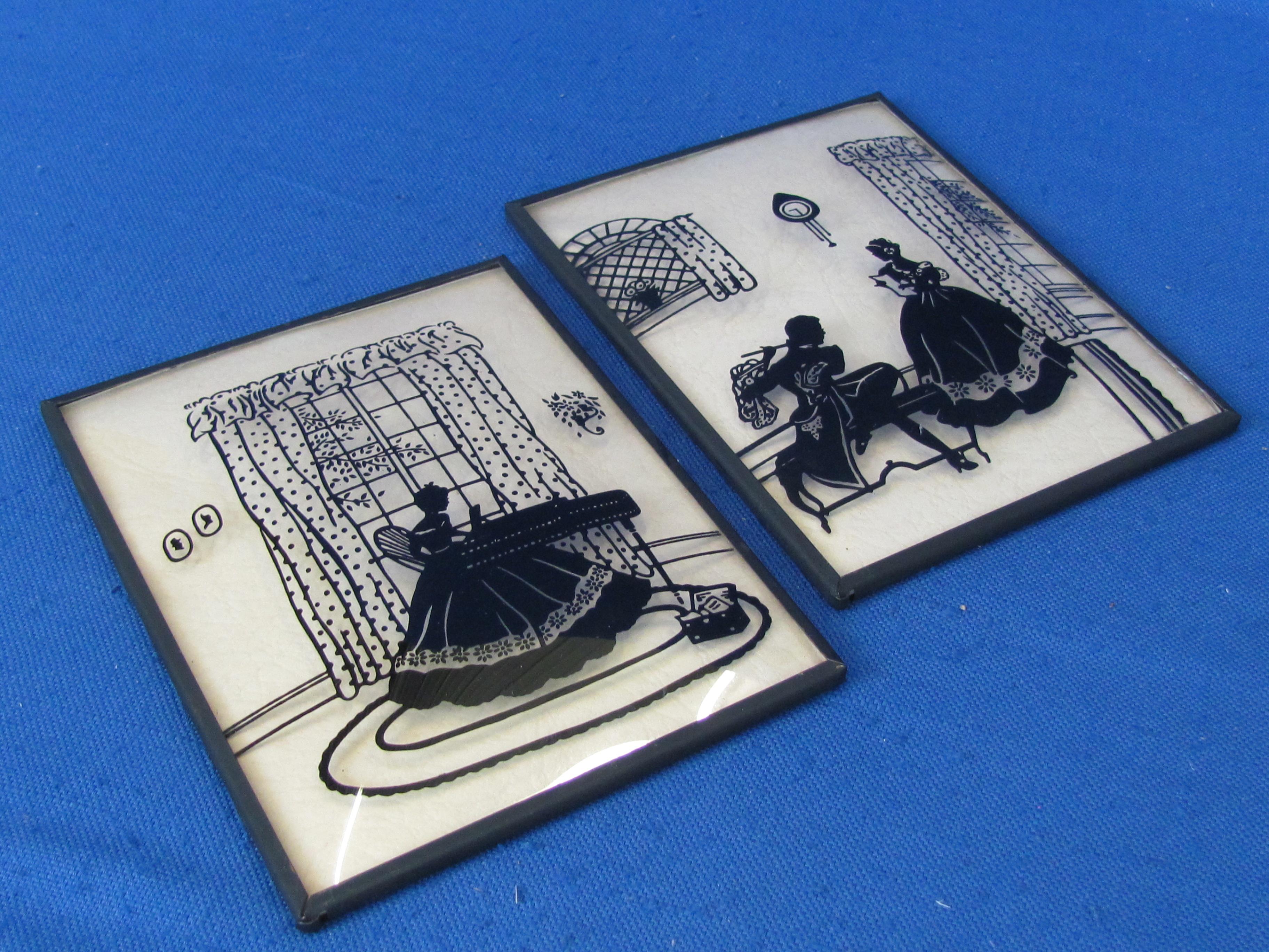 2 Matching 4”x 5” Silhouettes of Lady Pianist & Gentleman with Flute on Plain Background -