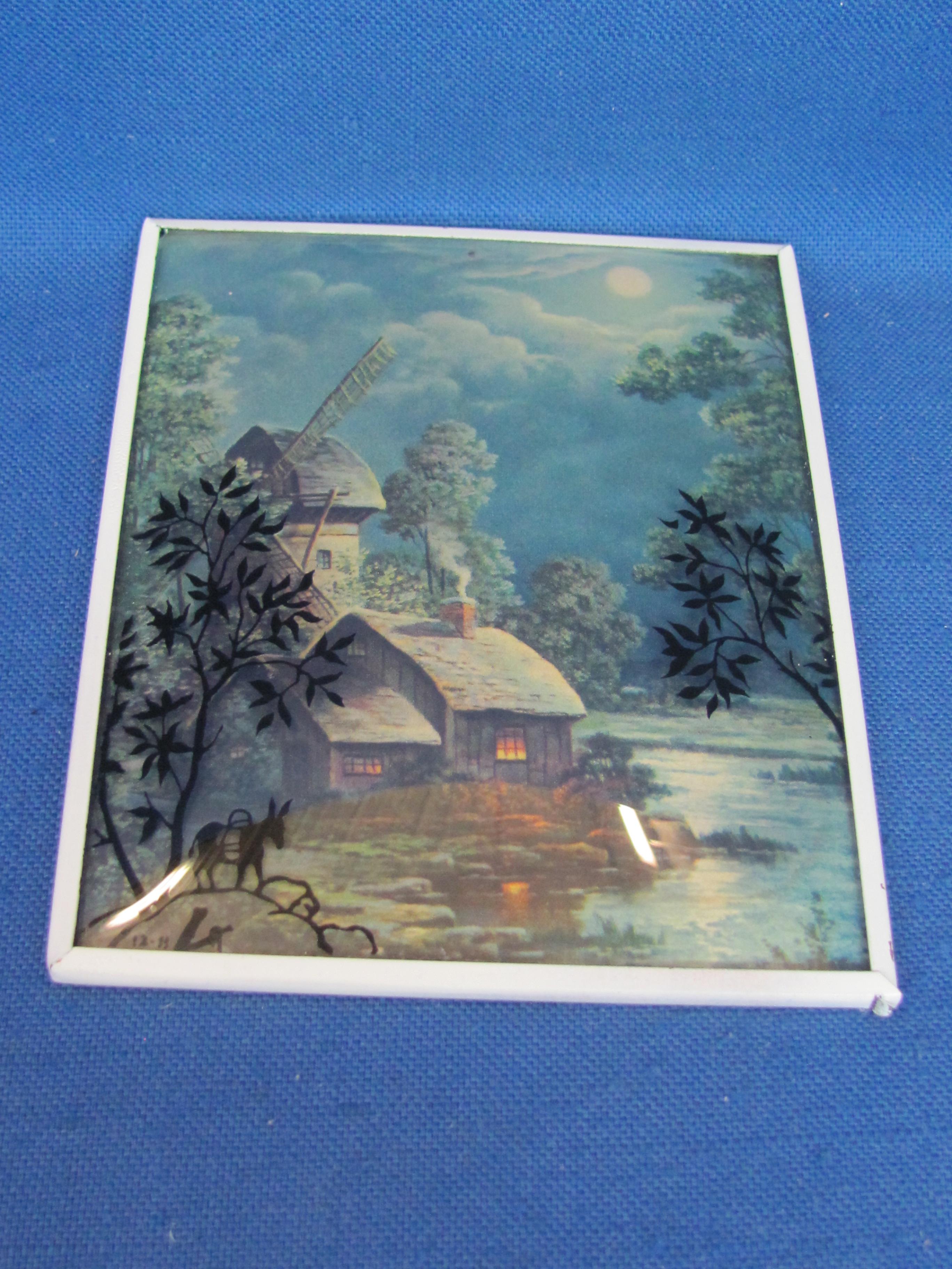 3 Vintage Silhouette Prints – 4” x 5” - River, Mountains, Mill in Moonlight, Stagecoach -